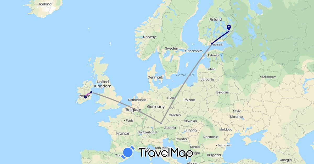TravelMap itinerary: driving, plane, train in Germany, Finland, Ireland (Europe)